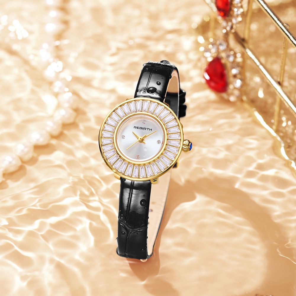 REBIRTH Jam Tangan Wanita Anti Air Original Fashion Elegant Delicate Diamond Dial Tali Leather  Quartz Jam Tangan Cewek