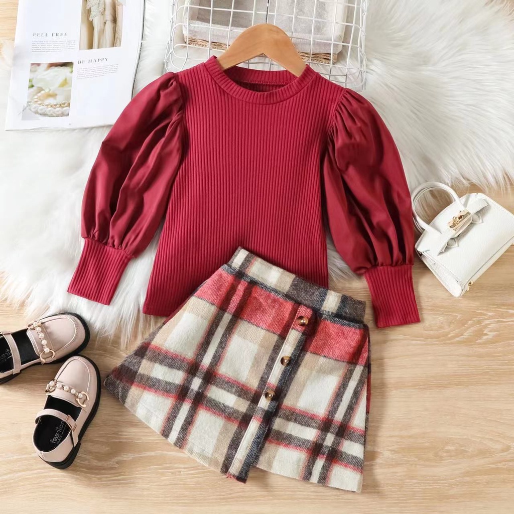 ( LOLI-JKT) BS-359 SETELAN ANAK MAROON SKIRT KOTAK SIZE 90-140