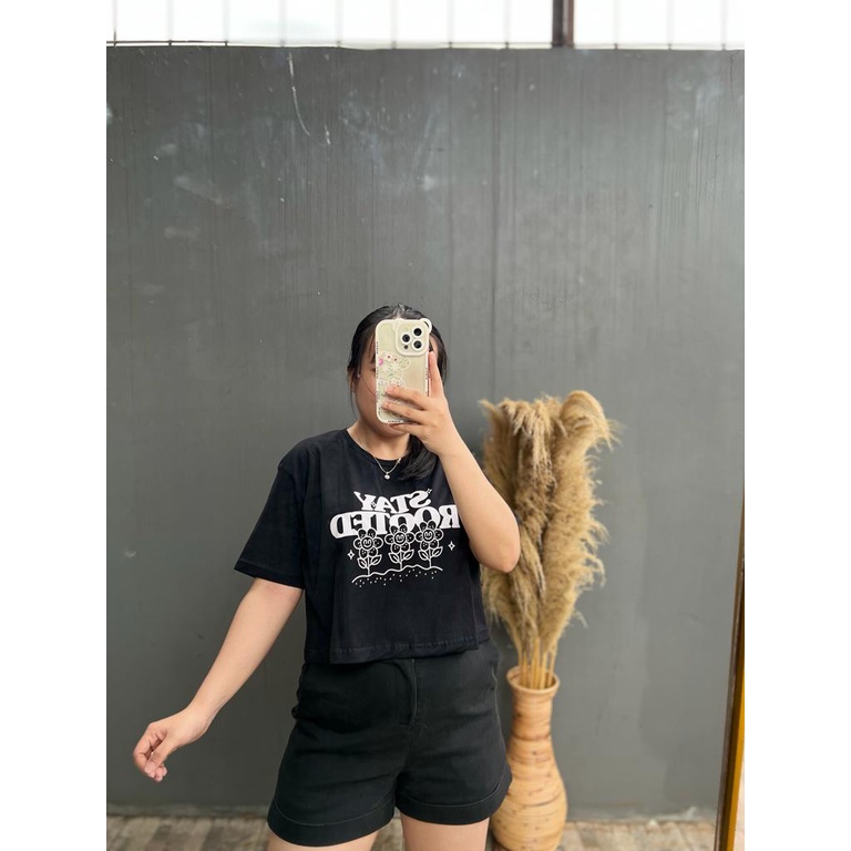 CROP STAY ROOTED MOTIF ONECK COTTON OVERSIZE | BAJU KAOS TUMBLR CROP TEE TSHIRT KAOS KOREA FASHION WANITA