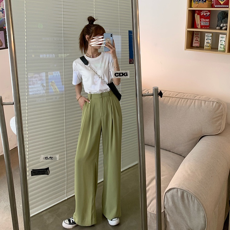 LOOSE PANTS TROUSERS CELANA ANTI KUSUT WANITA CELANA KULOT WANITA CELANA KANTOR FORMAL CELANA KERJA WANITA-SAGE GREEN