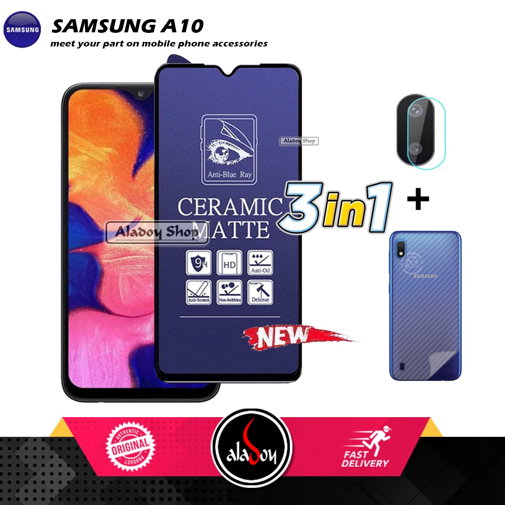 PAKET 3IN1 Anti Gores Blue Matte Anti Glare Samsung A10 + Tempered Glass Camera dan Skin Carbon