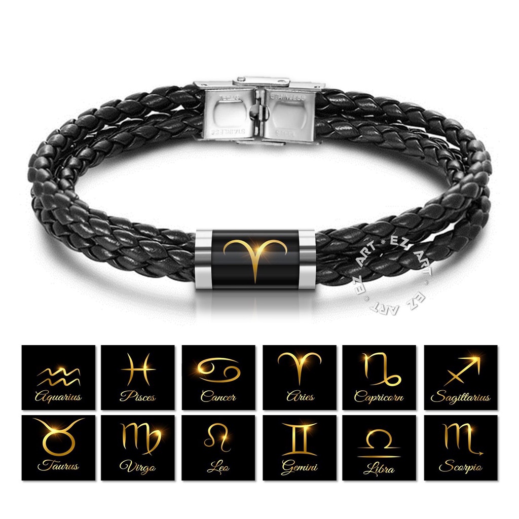 GELANG ZODIAK KULIT KEPANG 3 LAYER TABUNG KACA KAIT STAINLESS STEEL PRIA WANITA AQUARIUS CAPRICORN CANCER LEO SAGITTARIUS GEMINI VIRGO PISCES LIBRA TAURUS ARIES SCORPIO