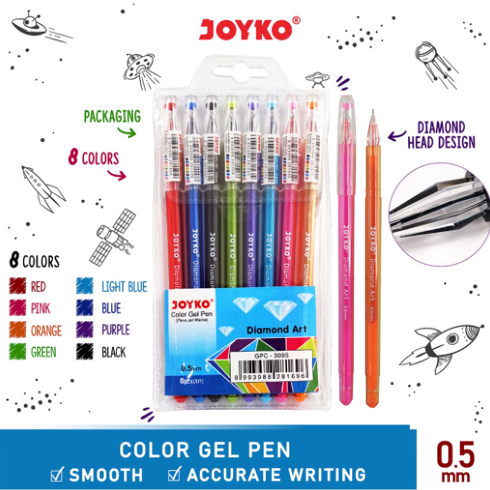 

Pulpen Gel Warna-Warni / Color Gel Pen Joyko Diamond GPC-309S Isi 8 Warna 0.5mm (1 Set)