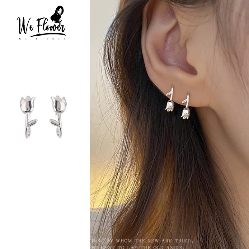 We Flower Elegan s925 Perak Tulip Anting Kait Untuk Wanita Perempuan Korea Tindik Bunga Cuff Earrings Floral Ear Jewelry