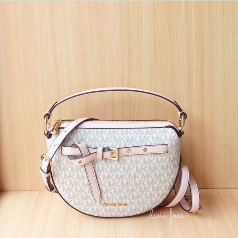Tas Michael Kors Emilia Half Moon Crossbody Signature Vanilla Pink Original | Tas MK Emilia Half Moo