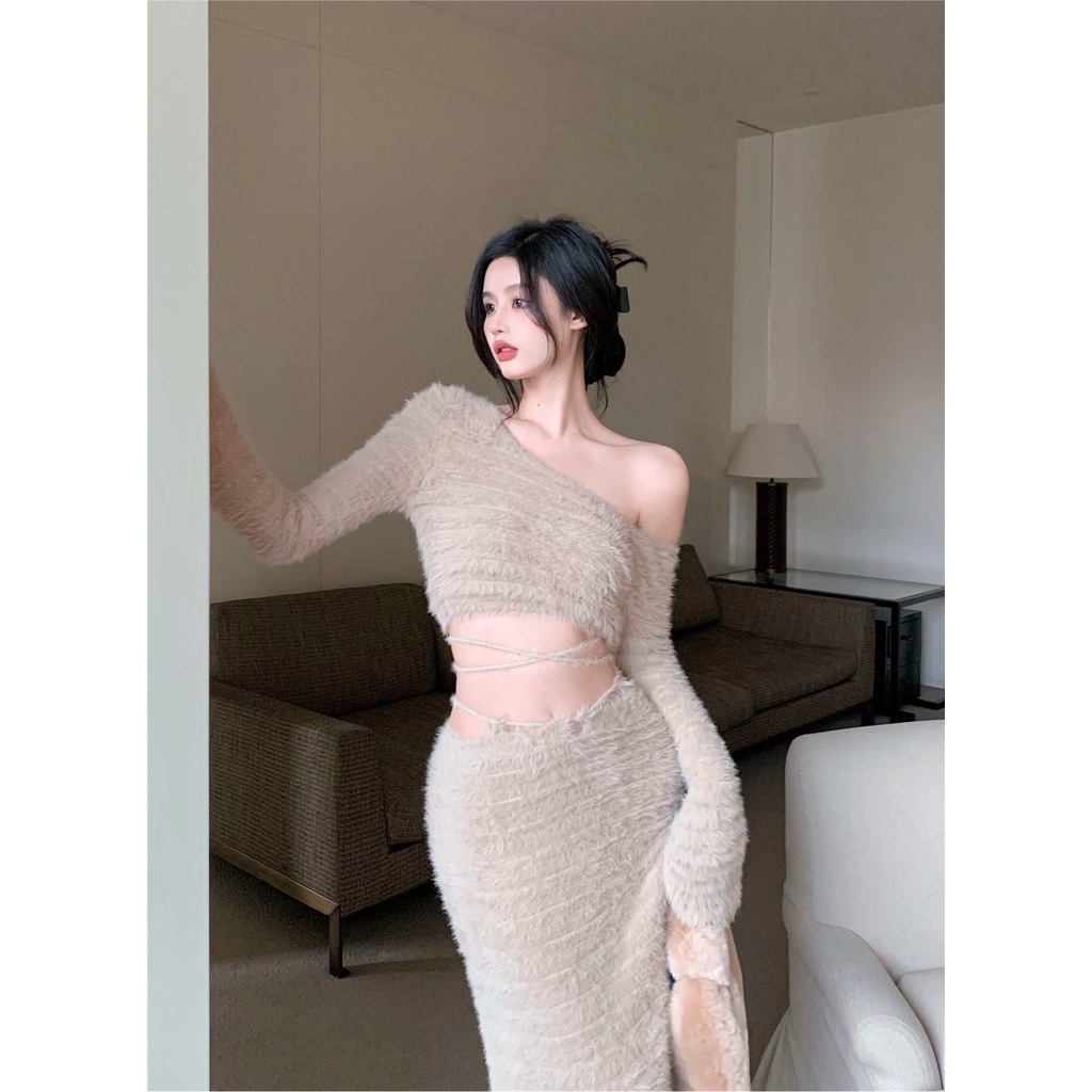 ™◙Suhao malas angin off-the-shoulder lengan panjang sweater wanita musim gugur manis keren hot girl backless strap slim cropped sweater top