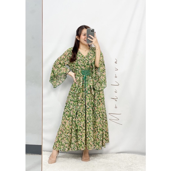 MDLV ~ 12512# Brisbelina Drawstring Maxi Green Dress Premium Import