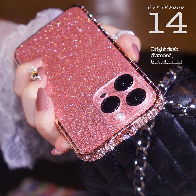 IPHONE Bingkai Bor Kepala Ular Logam Serbuk Glitter Akrilik Plat Belakang Casing Ponsel Untuk Iphone14 13 12 11 Pro Max Plus Penutup Berlian Mewah Untuk Iphone12Mini iPhone14Plus