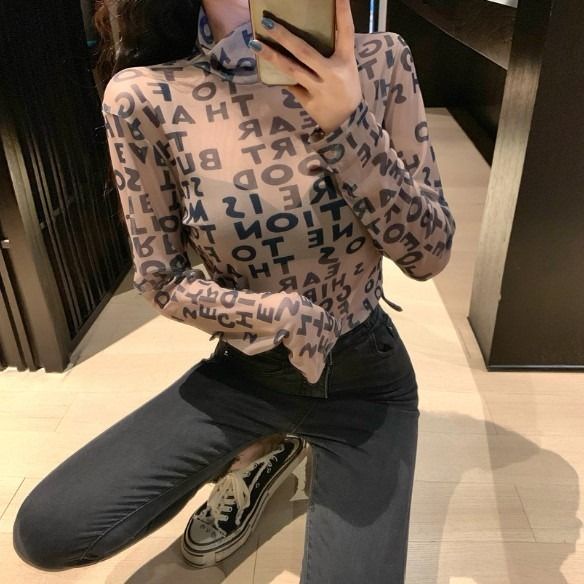 ✓▽✷Suhao chic gaya Hong Kong kerah setengah tinggi leopard top wanita musim gugur dan musim dingin temperamen slim slim lengan panjang T-shirt seksi kemeja bottoming