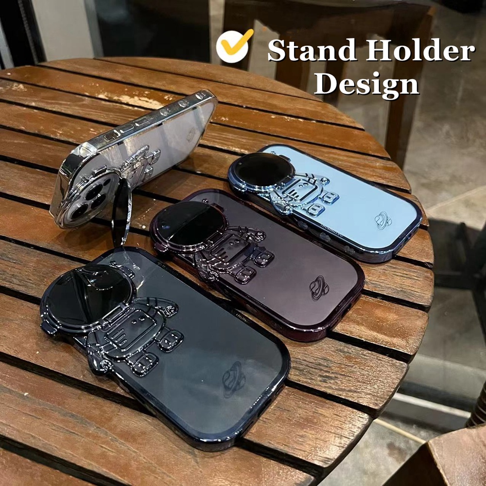 Astronot Helm Sheild Phone Stand Case Untuk iPhone 14 Pro Max13 12 11 Pro Max XR Case Plating Edge Clear Phone Holder Lembut Silikon Tpu Cover Casing Transparan iPhone