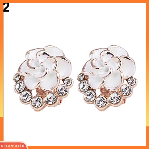 [WONE] Wanita Peony Camellia Bunga Berlian Imitasi Alloy Ear Stud Earrings Perhiasan Pesta