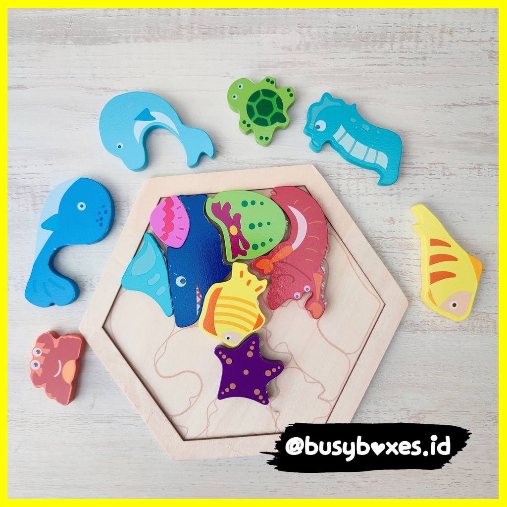 Busyboxes.id Mainan anak puzzle edukasi anak 1 2 3 tahun laki laki perempuan mainan edukasi Montessori puzzle jigsaw 3d kayu hewan binatang seri -  hexagonal sea animals hewan laut ocean