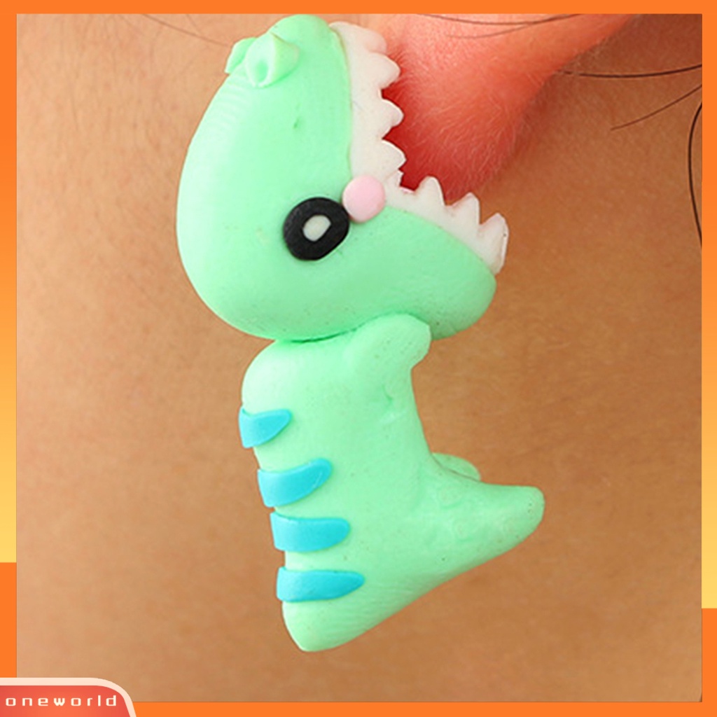 [WONE] Wanita 3D Kartun Dinosaurus Menjuntai Hewan Gigitan Polymer Clay Stud Earrings Untuk Pesta