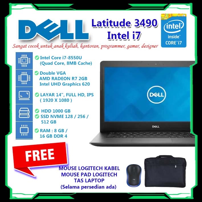 Laptop Intel Core i7 Gen 8 Ram 16GB SSD 512GB HDD 1 TB VGA RADEON 2 GB