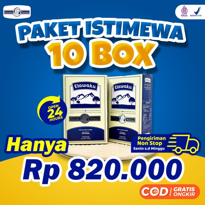 

Paket 10 Box Etawaku Platinum - Susu Kambing Etawa 100% Murni Grosir