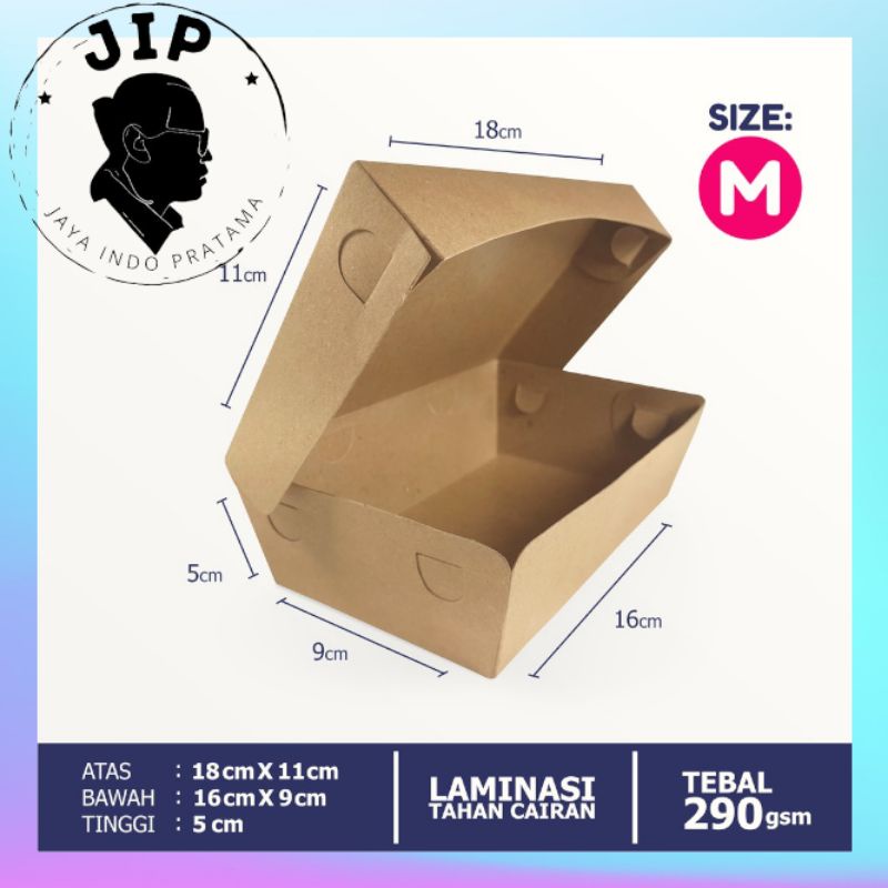 LUNCH BOX PAPER BOX MAKANAN KOTAK NASI UKURAN M  KERTAS KRAFT COKLAT LAMINASI TEBAL 290gsm (Medium) 