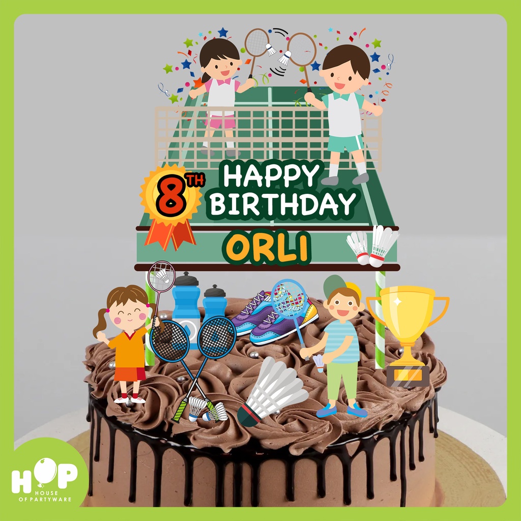 Cake Topper BADMINTON + Custom Nama / Hiasan Kue Ulang Tahun