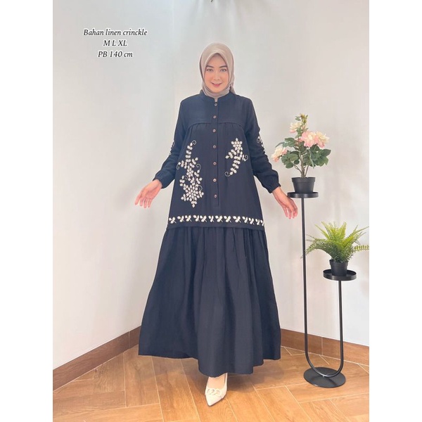 ZAJA - Baju Gamis Perempuan Cantik Dress Muslim Linen Cringkel Gamis Polos Bordir Cantik &amp; Mewah / Dress Muslim Katun Polos / Gamis Katun Toyobo Bordir Terbaru / Fashion Muslim Elegant &amp; Anggun / Gamis Bordir Ridd