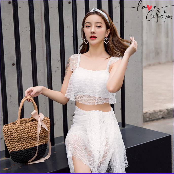 Baju Renang Wanita Crop Top Lace Dress Set Outer Swimsuit Baju Pantai