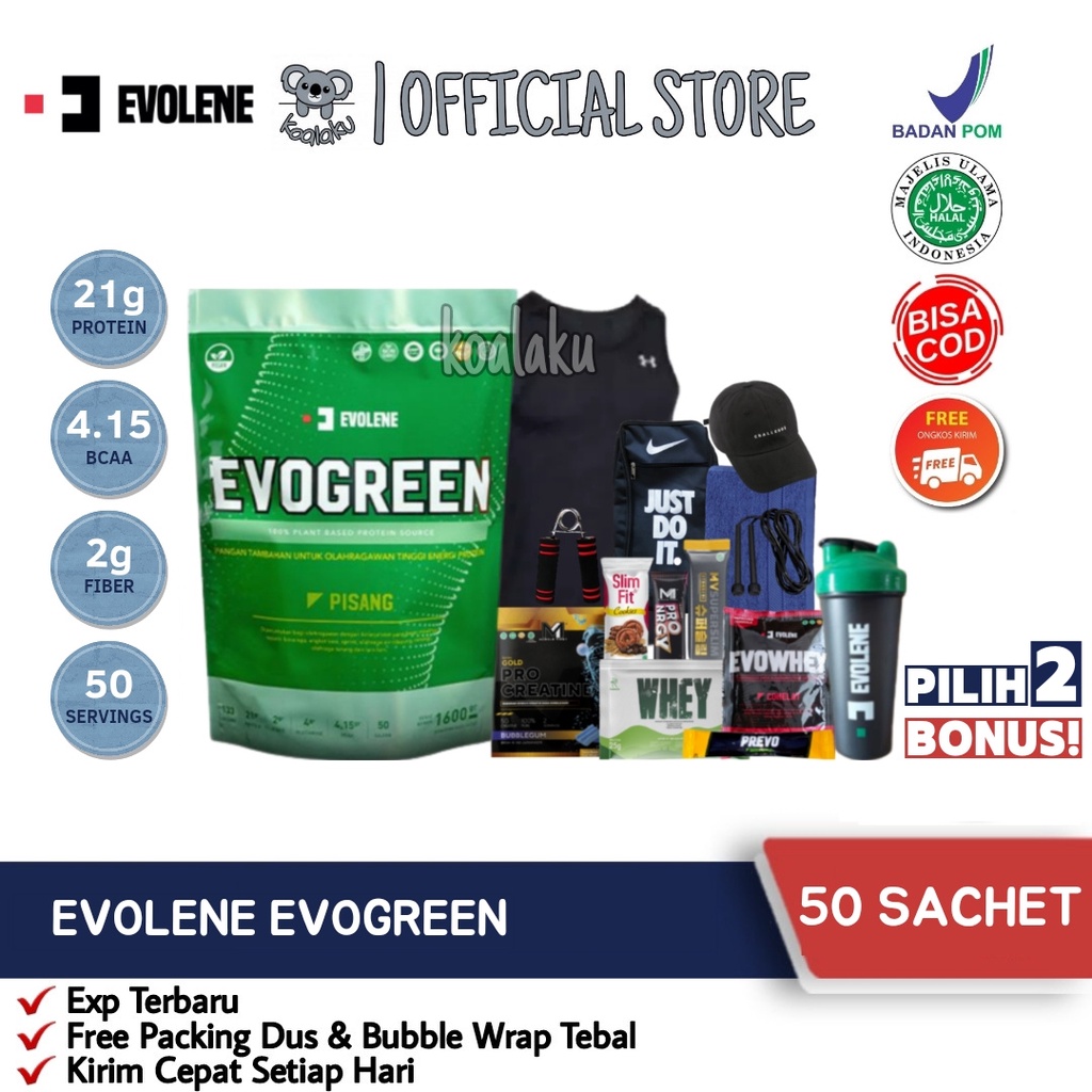 Evolene Evogreen  50 servings 50 sachet 1.6 kg Susu Whey Protein Vegan Vegetarian Plant Based Rasa Pisang