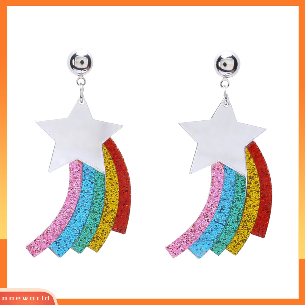 [WONE] Bintang Rainbow Sequin Pendant Ear Stud Earrings Wanita Brinco Hadiah Perhiasan Pesta