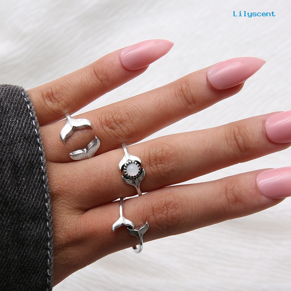 [LS] 3pcs/set Wanita Fashion Ikan Paus Ekor Imitasi Batu Permata Midi Knuckle Jari Cincin Perhiasan