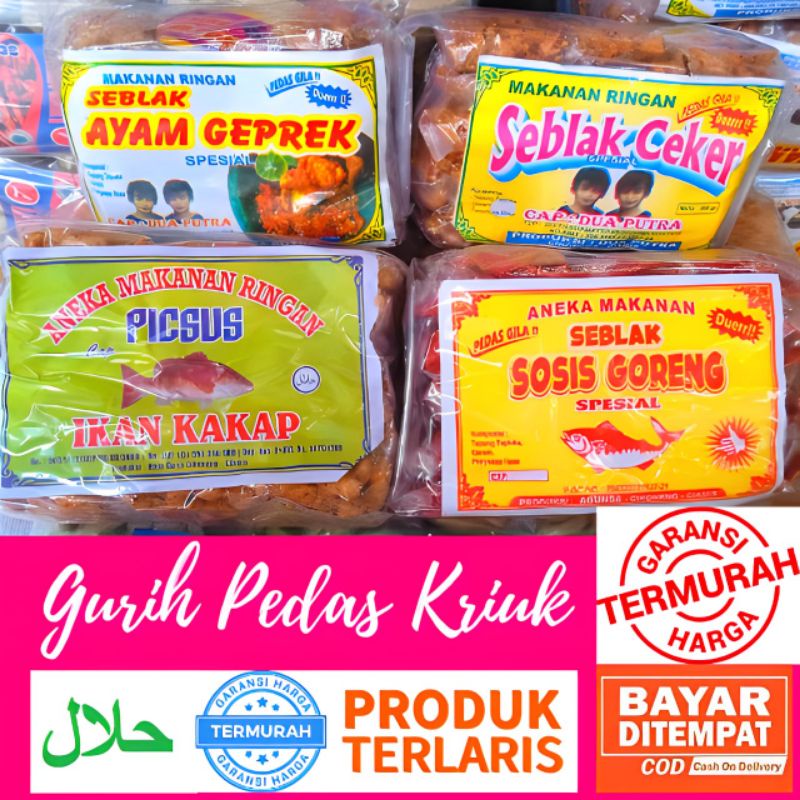 

Lebih hemat 4 varian 1 harga seblak ceker/seblak ayam geprek/sosis kriuk/piksus keripik usus/pikca rumput laut/basreng