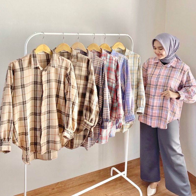 Hijaberdua Kemeja flanel wanita Blouse korea motif kotak Atasan wanita couple dengan anak