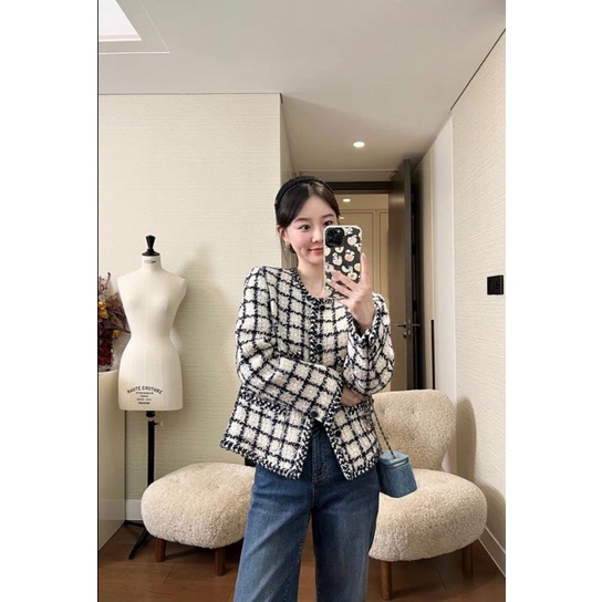 VN  LOISE TWEED CROP BLAZER PREMIUM /  OUTER VINTAGE KOREAN STYLE / WINTER TWEED CROP BLAZER