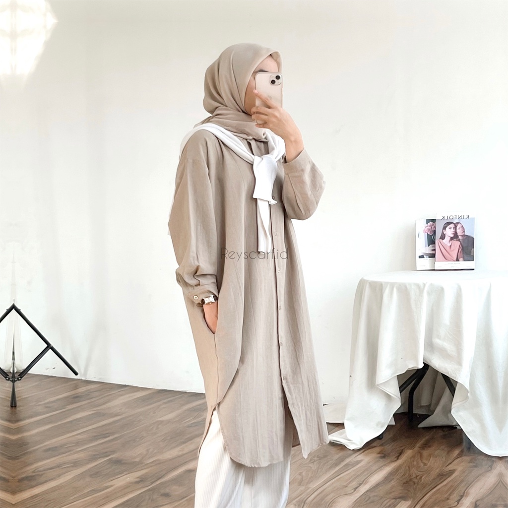 Elle Tunic Linen By Reyscarf.id- Bahan Cotton Linen Premium | Kemeja Panjang Wanita | Elle Long Shirt | Linen Long Outer | Tunic Linen | Bisa COD