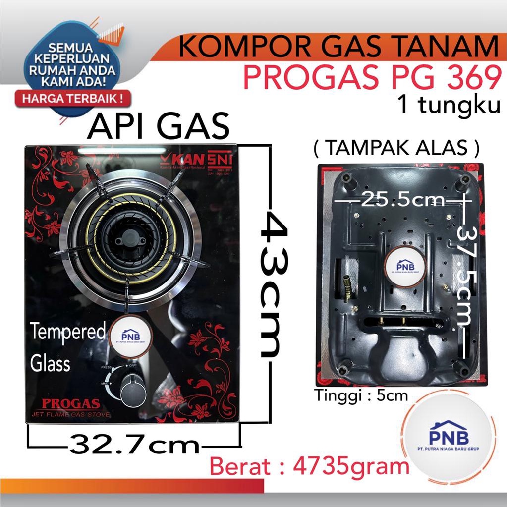 Kompor Gas 1 Tungku Kompor Kaca Tanam/Duduk Gas Progas PG369