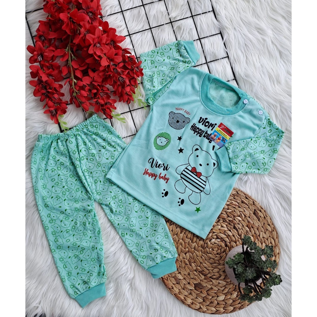 stelan baju bayi laki laki perempuan lucu murah motif HAPPY BEAR DASAR WARNA PANJANG 3-18 bulan