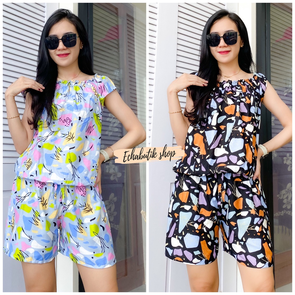 Jumsuit Sabrina Pendek Bali Abstrak