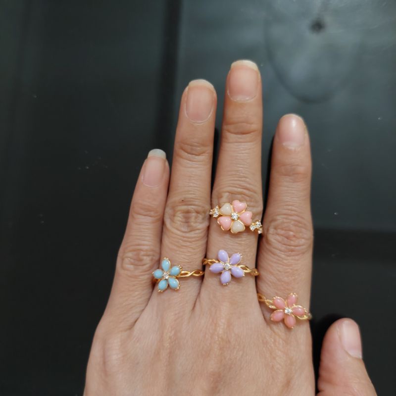 Cincin bunga warna biru, ungu, pink, pink putih berat ringang UBS kadar 375 8K