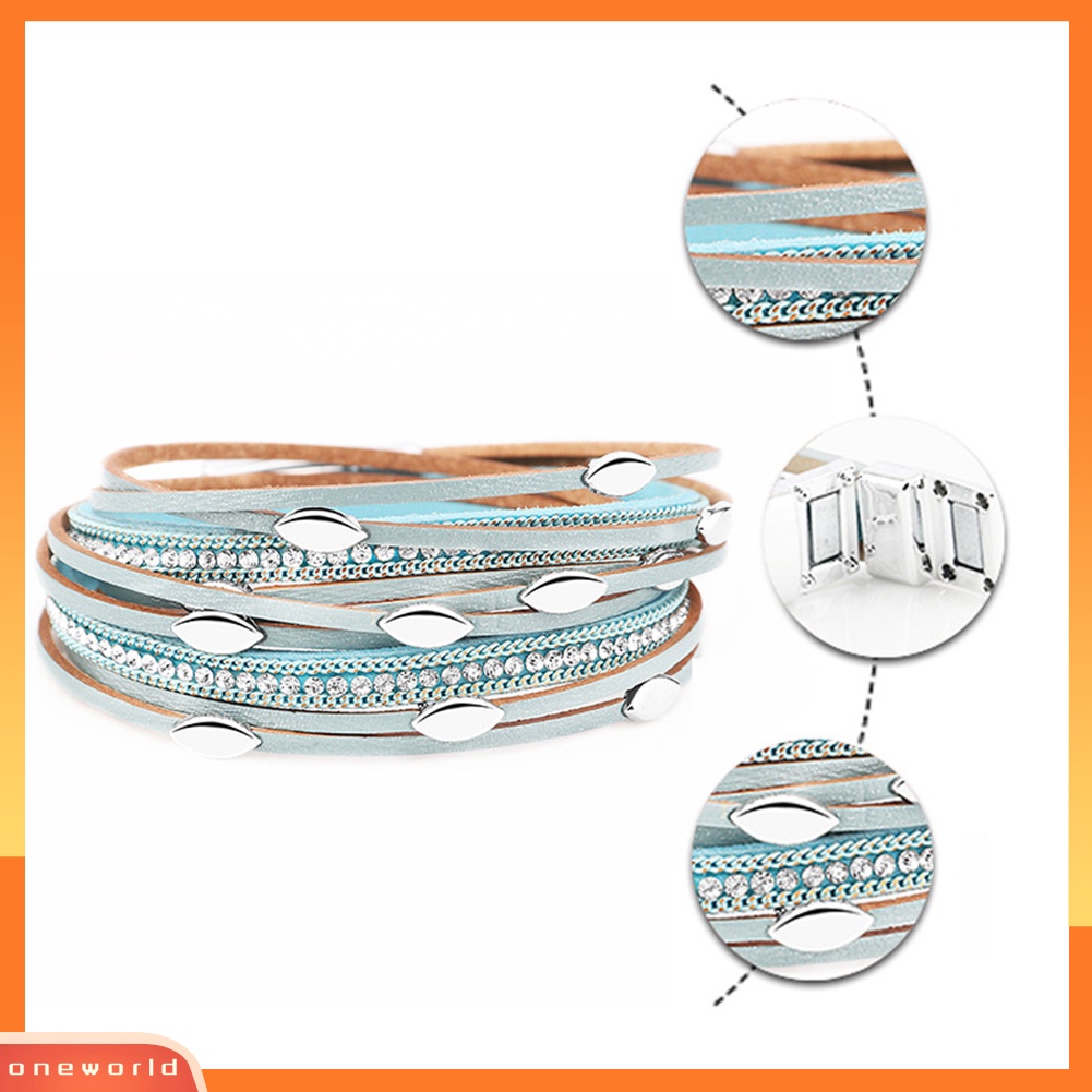 [WONE] Fashion Wanita Daun Pesona Berlian Imitasi Multi Layer Gelang Bangle Perhiasan Hadiah