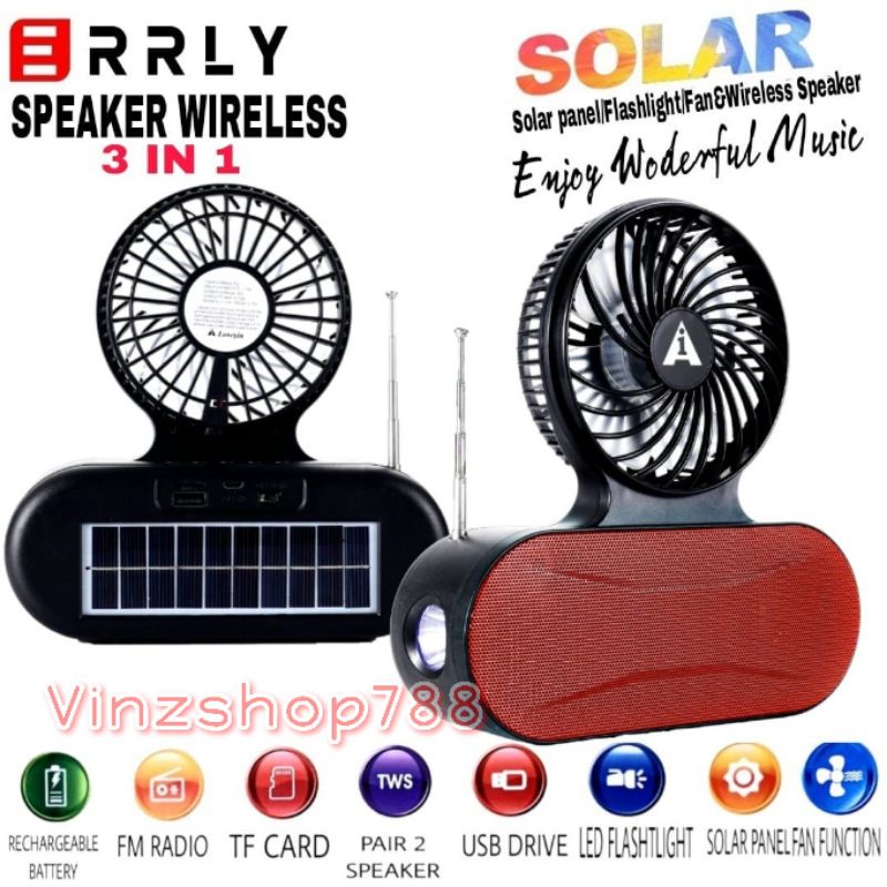 Speaker Bluetooth Solar Kipas Angin ERRLY AL-138 Speaker 3in1 Wireless Portable AL138 Speaker Radio Bluetooth + FAN FUNCTION  Dengan Panel Surya Charger Matahari