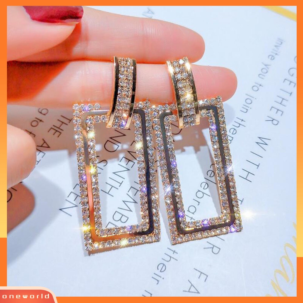 [WONE] Wanita Berlian Imitasi Bertatahkan Berongga Persegi Panjang Menjuntai Telinga Stud Anting Perhiasan Hadiah