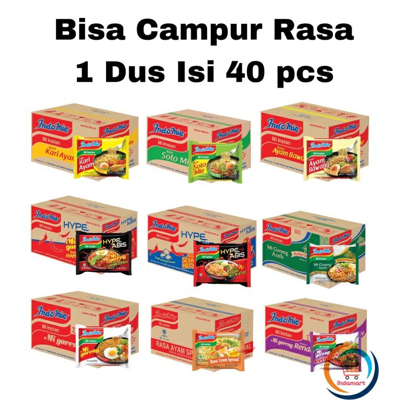 

INDOMIE GORENG, SOTO ,AYAM BAWANG, HYPE ABIS , KARI AYAM, BISA MIX RASA 1 DUS ISI 40 PCS