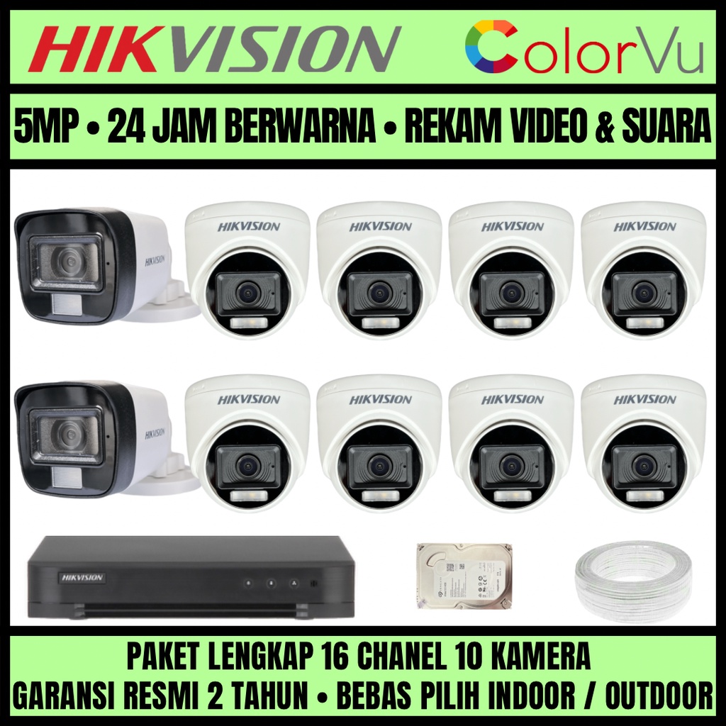 PAKET CCTV HIKVISION COLORVU 3K 5MP 16 CHANNEL 10 CAMERA KAMERA CCTV COLORFUL