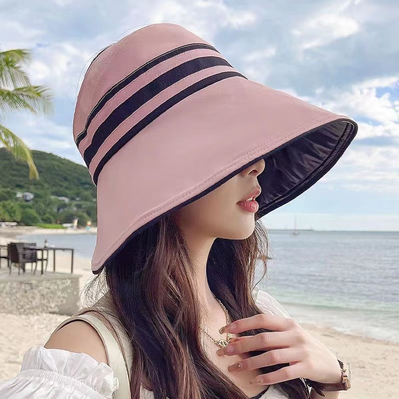 Topi Pantai Lipat Wanita Motif Garis Anti UV Gaya Korea Fashion Top Hat Summer Women Import