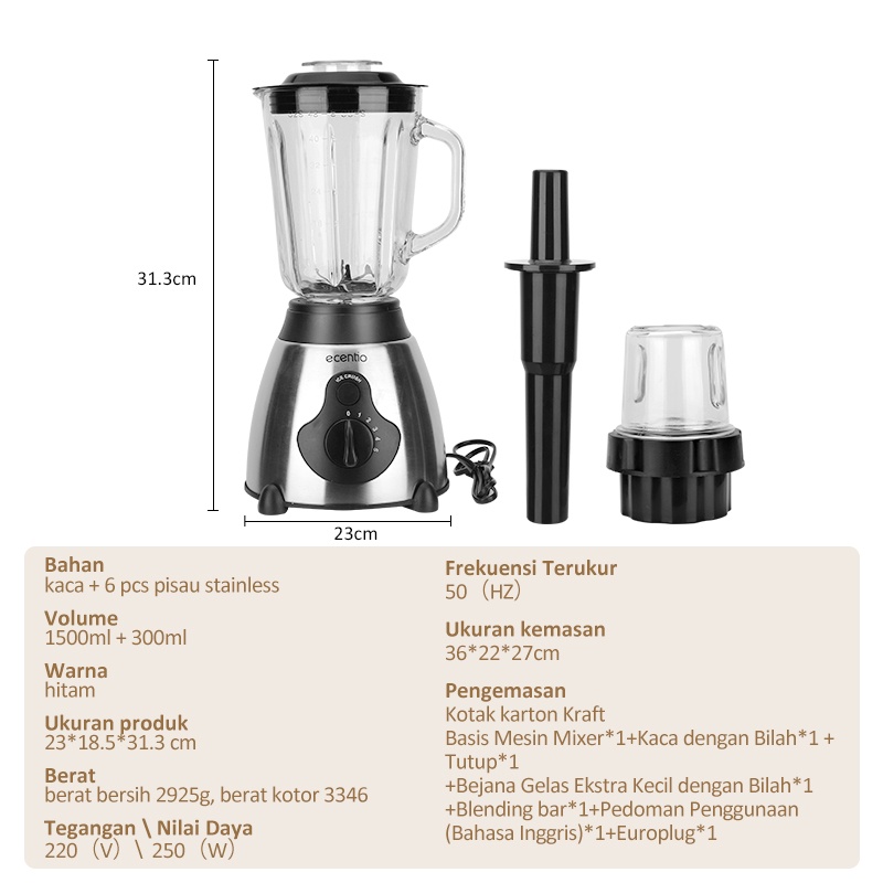 ecentio 1.5L Blender Kaca 2 in 1 Dan 300ml Penggiling Daging 6 Pisau Juicer Elektrik cangkir ganda serbaguna Blander