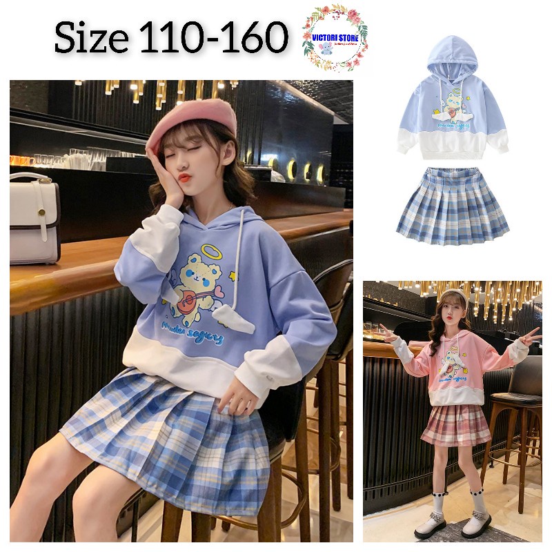 Setelan Anak Perempuan Teen DENTA Baju Remaja Perempuan Sweater Hoodie and Pleated skirt Korean Style Import