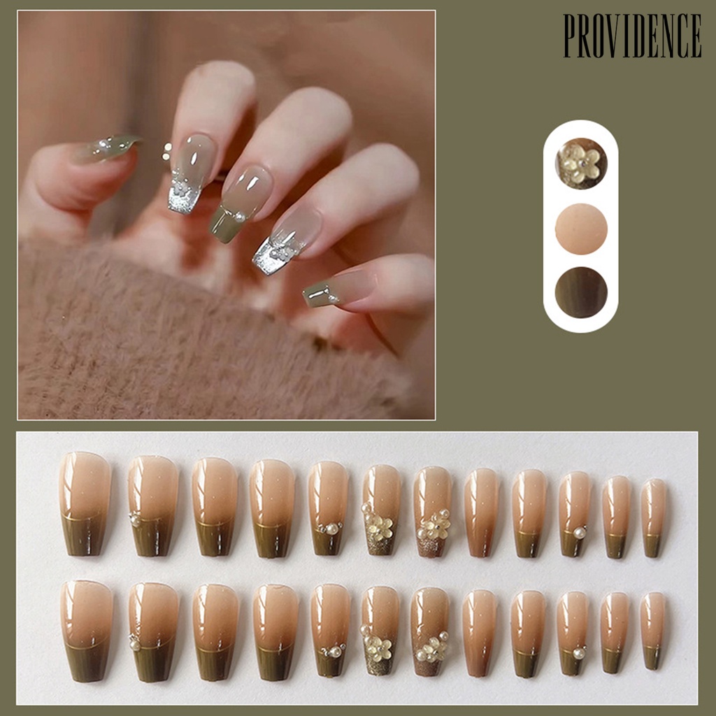 Providence 1set Faux Nail Gloss Mudah Dilepas Mudah Pudar DIY Tidak Berbahaya Mid Length Lembut Icy Kotor Hijau Buatan Kuku Salon Supply