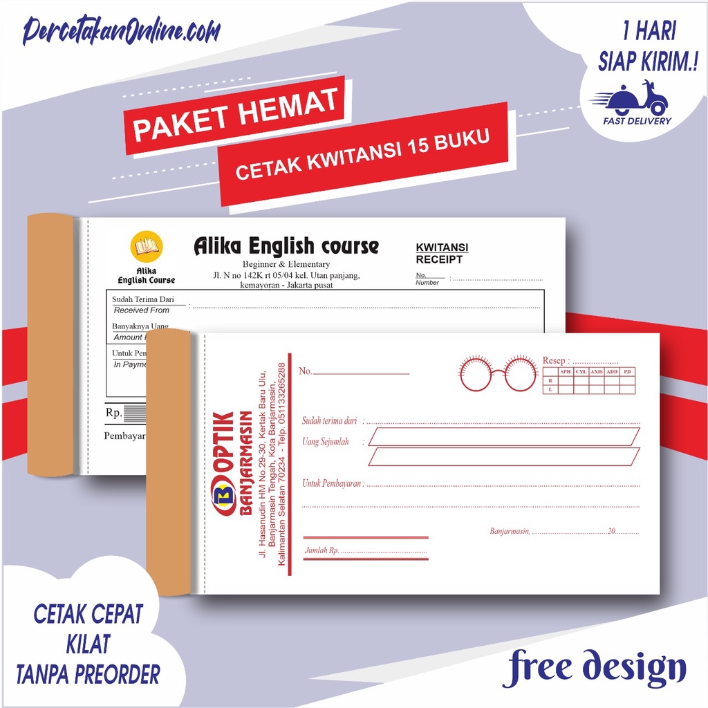 

( Paket 15 buku ) kwitansi custom 2 play 10,5 x 21 cm ( 1/3 folio ) paket 15 buku