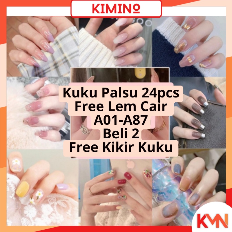 KMN R264-R282 24pcs Kuku Palsu Murah Tahan Air Fashion Nail Art 3D Korea Fake Nails Manicure Free Lem 2gr