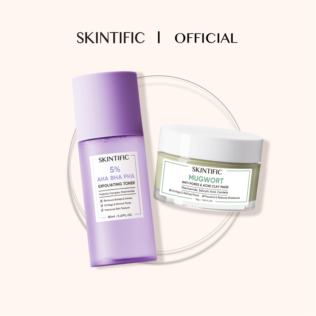 SKINTIFIC - Mugwort Anti Pores & Acne Clay Mask Pore Clarifying Wask Off Pack 55G Masker Wajah & 5% Aha Bha Pha Exfoliating Toner 【BPOM】