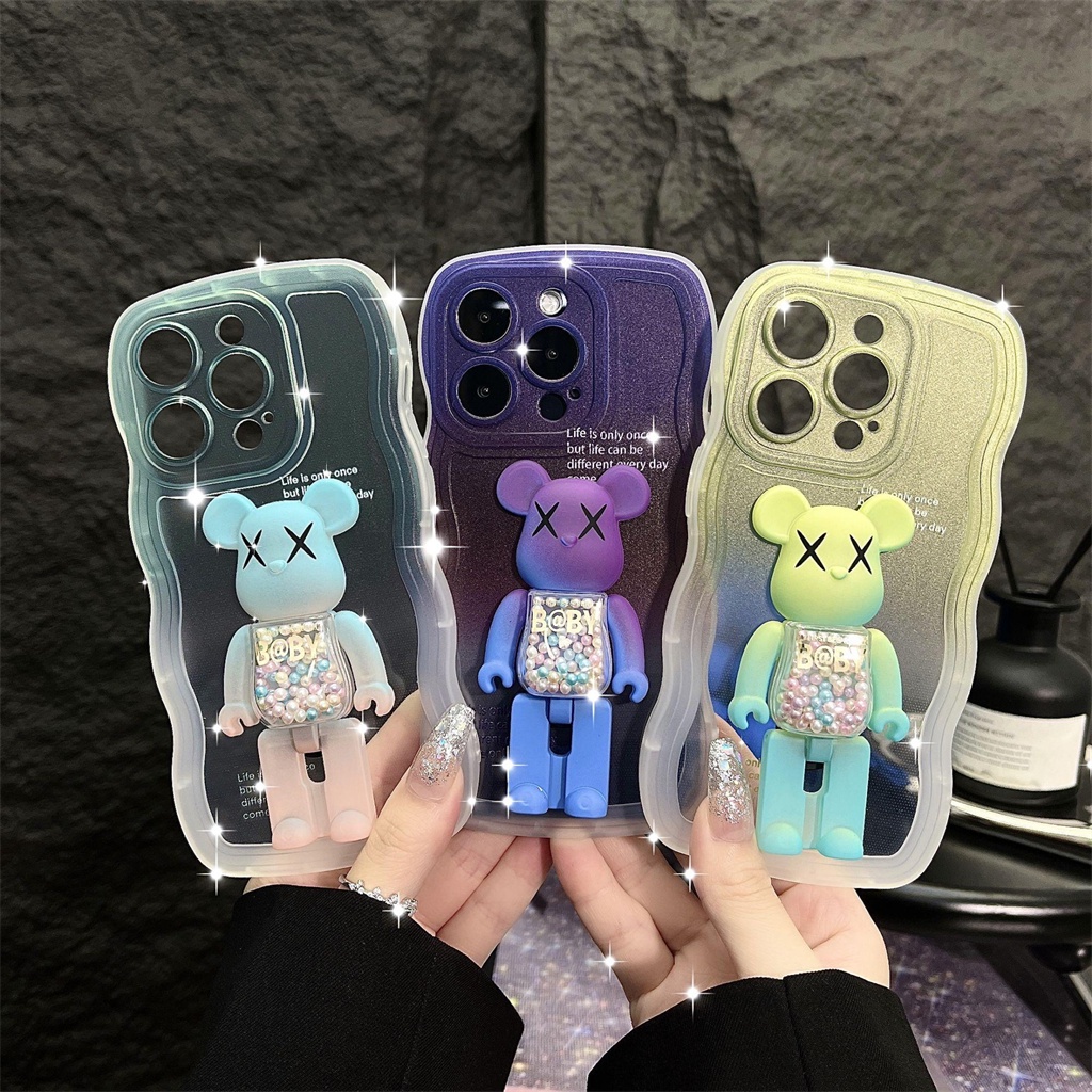 Casing Spin Stand Beruang Kekerasan Mewah Untuk iPhone 14 Pro MAX Plus Case iPhone 13 12 11 Pro MAX X X/XS MAX XR Aesthetic Warna Gradasi Tertutup Penuh Perlindungan shockproof TPU soft bac