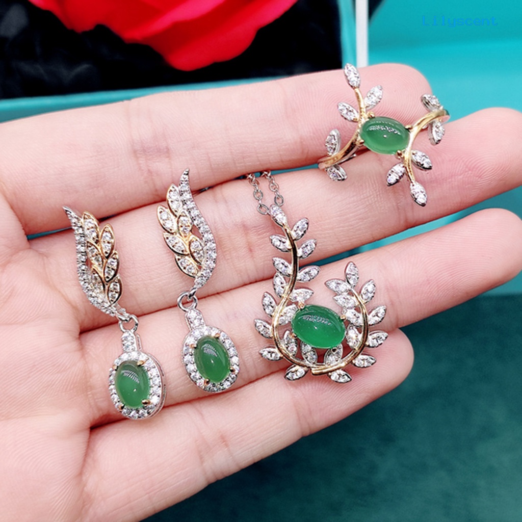 [LS] Wanita Anting Menjuntai Olive Leaf Rhinestones Perhiasan Warna Cerah Bentuk Sayap Stud Earrings Cincin Liontin Untuk Pernikahan