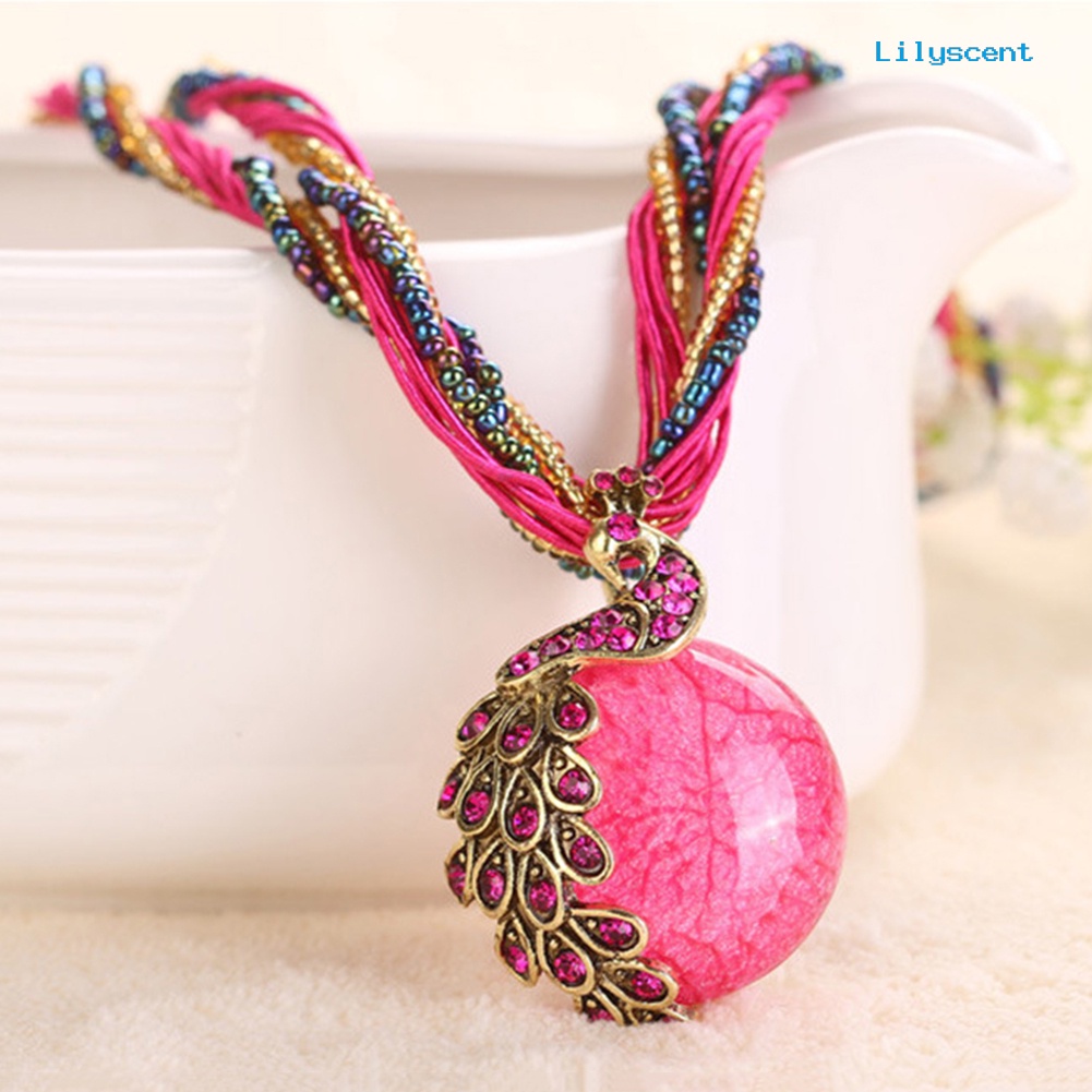 [LS] Bohemian Wanita Berlian Imitasi Hias Merak Bulat Faux Opal Pendant Kalung Hadiah