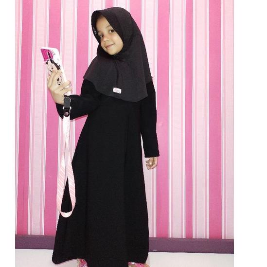 Berkualitas gamis anak polos hitam  abaya kids basic resleting depan